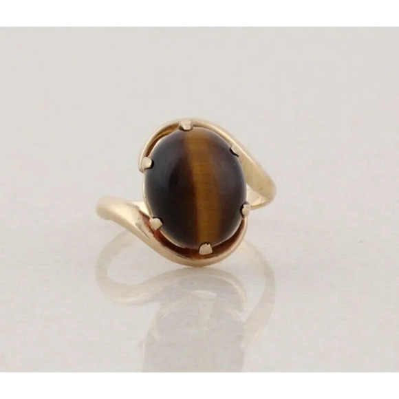 14k Yellow Gold Natural Tigers Eye Ring Size 7 1/2 - Picture 1 of 9
